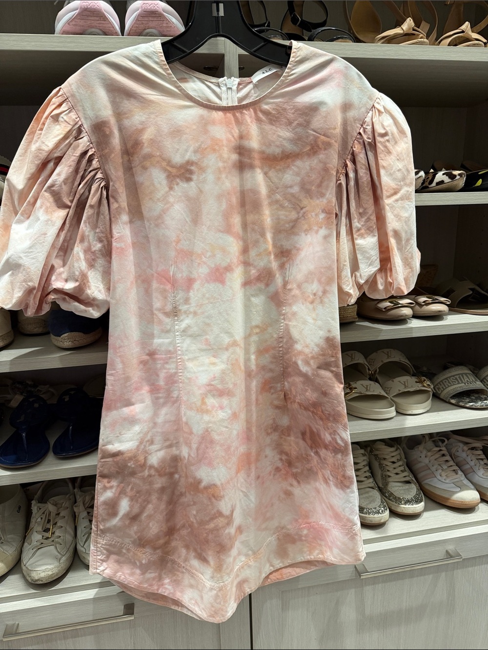 A.L.C. Puff-Sleeve Tie-Dye Mini Dress in Blush and Cream Sz 6